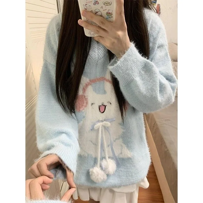 

Японский джемпер, вязаные милые пуловеры, зимняя одежда Sueter Mujer, v-образный вырез, бант, пушистый женский модный свитер большого размера, топы