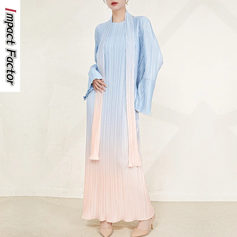 High End Temperament Pleated Dress 2024 Spring and Autumn New Sanzhai Thin Belt Waist Slim Gradual Slim Mid Length Dress