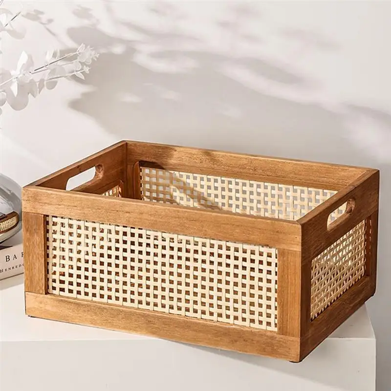 Vintage Solid Wood Storage Storage Baskets Bamboo Woven Toys Books Storage Bin Desktop Sundries Cosmetics Organizer