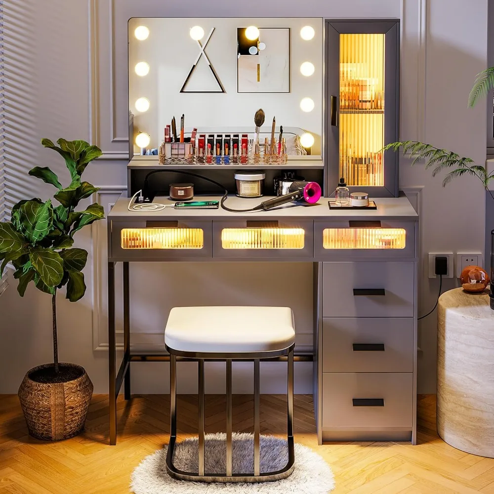 Makeup Vanity with Lights, Vanity Makeup Desk with Charging Station, LED Vanities Table Set with Mirror, Vanitys Dressing Table