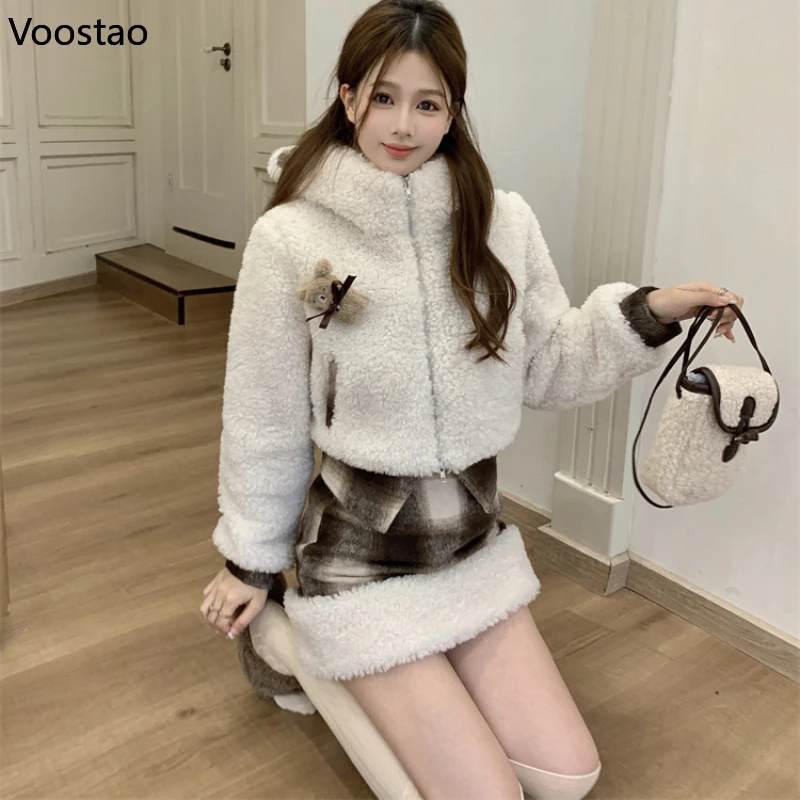 Autumn Winter Lolita Skirt Sets Women Sweet Cartoon Bear Ears Hooded Lambswool Short Jacket Mini Plaid Skirt Female 2 Piece Set