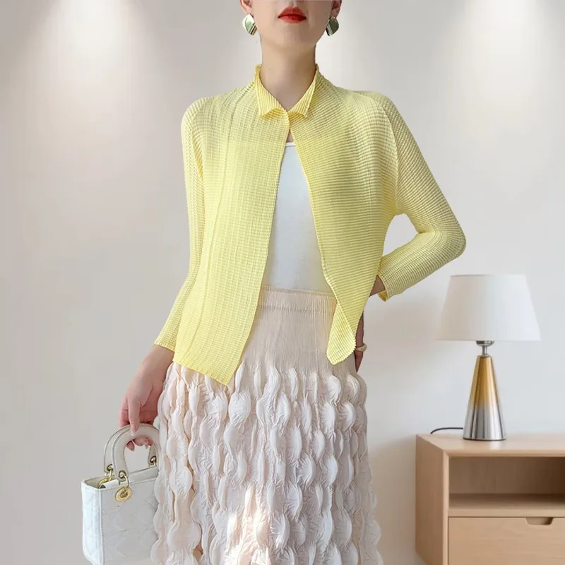 

Miyake Pleated 2025 New Jacket Large Elastic Long-sleeved Cardigan Simple Casual Outer Cloak Sunscreen Thin Clothing Polyester