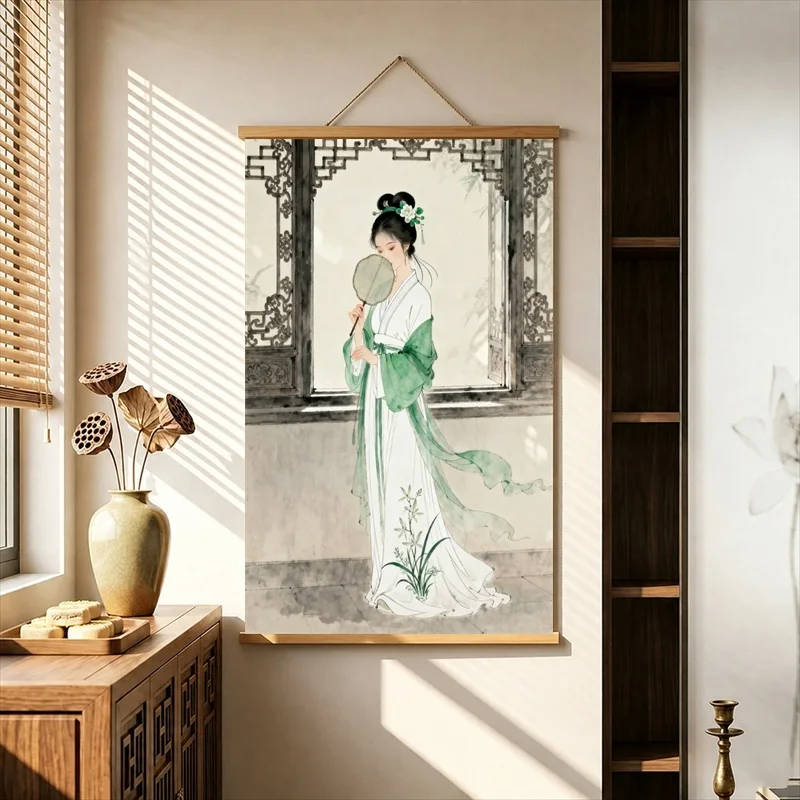 Wall Decorations Elegant Women in Rainy Classical Gardens, Oriental Vintage Pearlescent Canvas Hanging Scroll for Boutique Hotel