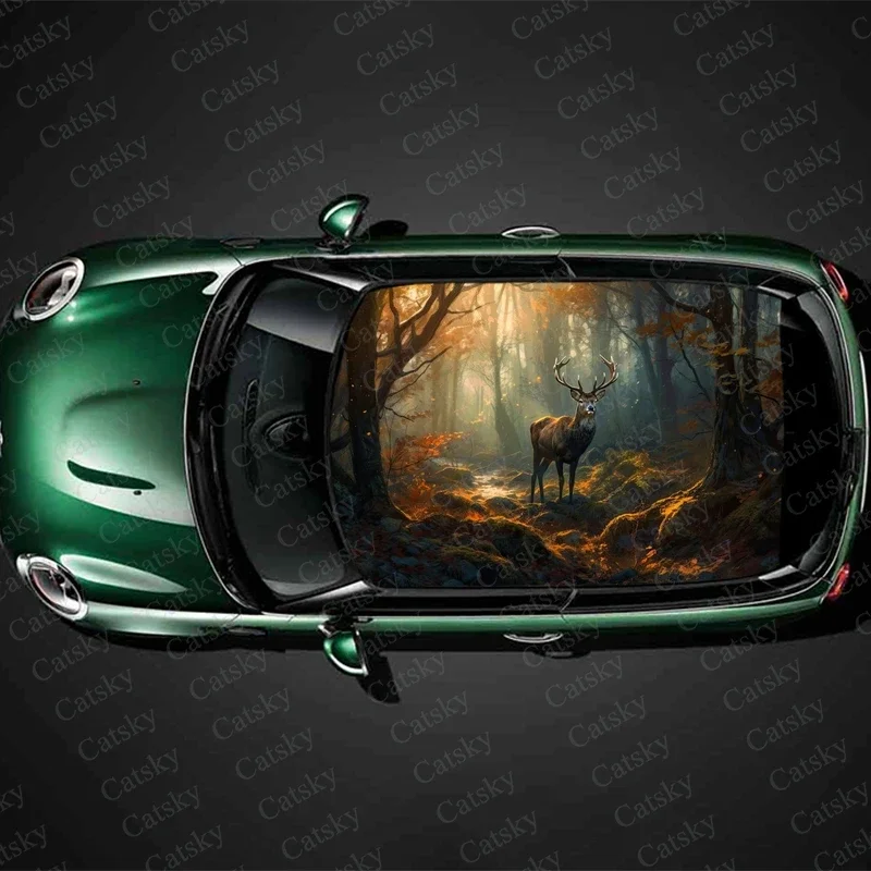 

Олень с пейзажем, наклейка на крышу автомобиля, обертка, аксессуары для гоночного внедорожника, упаковка, окрашенная ПВХ, индивидуальная графическая наклейка для автомобиля