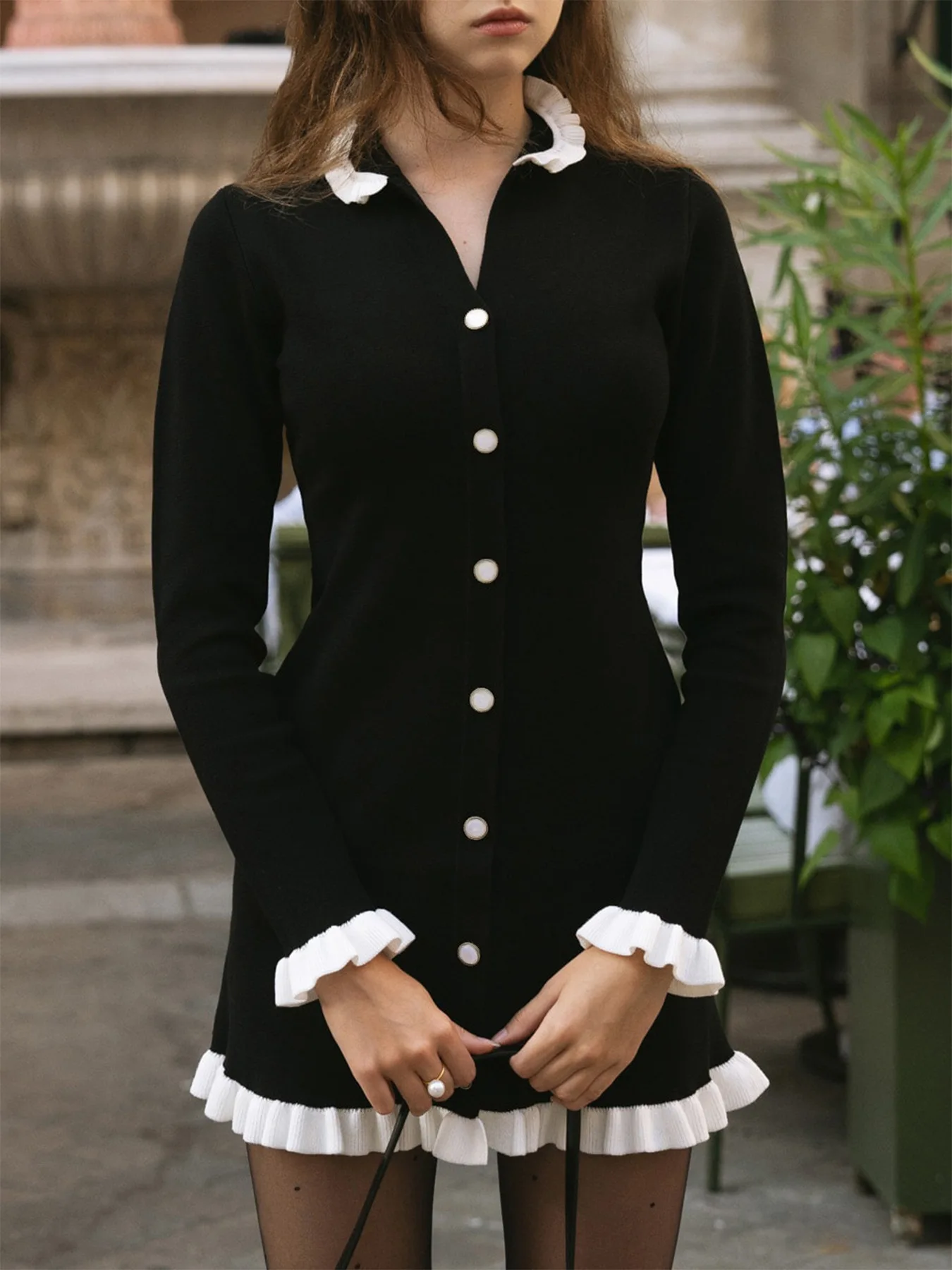 

Stylish Lady Ruffle Knitted Dress 2025 Autumn Women Long Sleeve Single Breasted Patchwork Elegant OL Mini Dresses