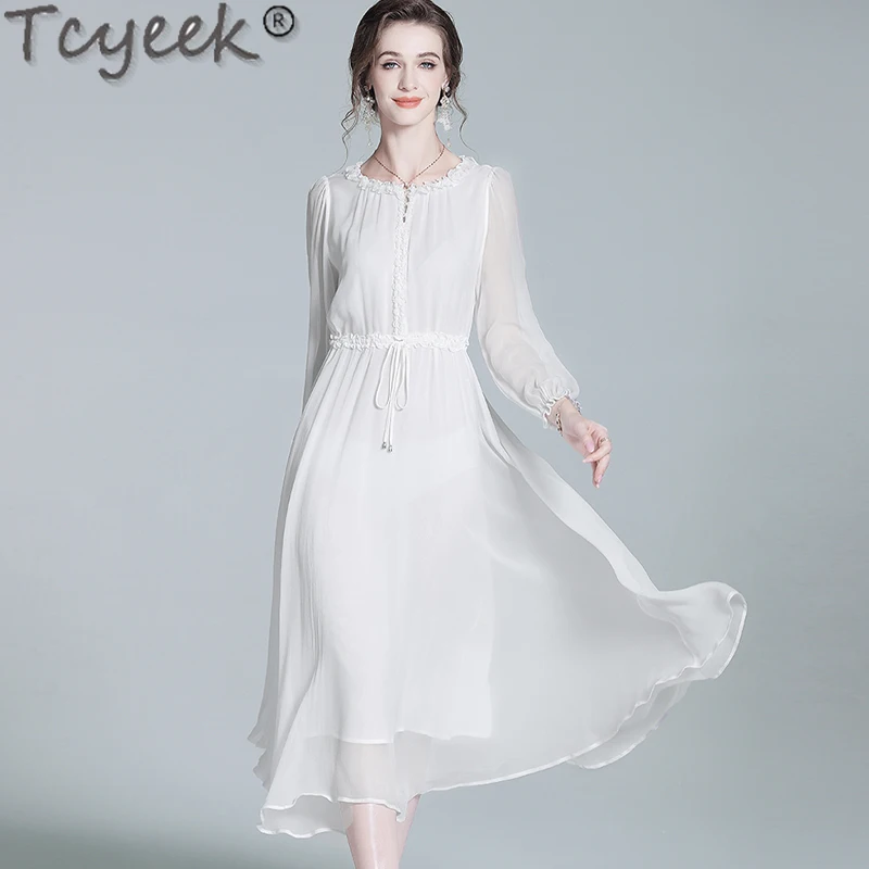 

Tcyeek 100% Real Mulberry Silk Maxi Dresses for Women Clothing Summer Dress Elegant Women's Dresses White Beach Dress 2024