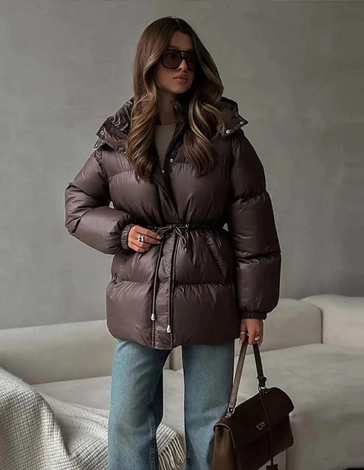 

Casual Hooded Thicken Cotton Jackets Women's Loose Full Sleeves Zipper Lace-up Coats