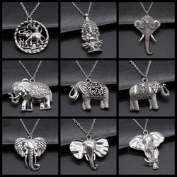 Thai Elephant Pendant Necklace Fashion Vintage Antique Silver Color Big Elephant Necklace Long Chain Metal Chain Necklace