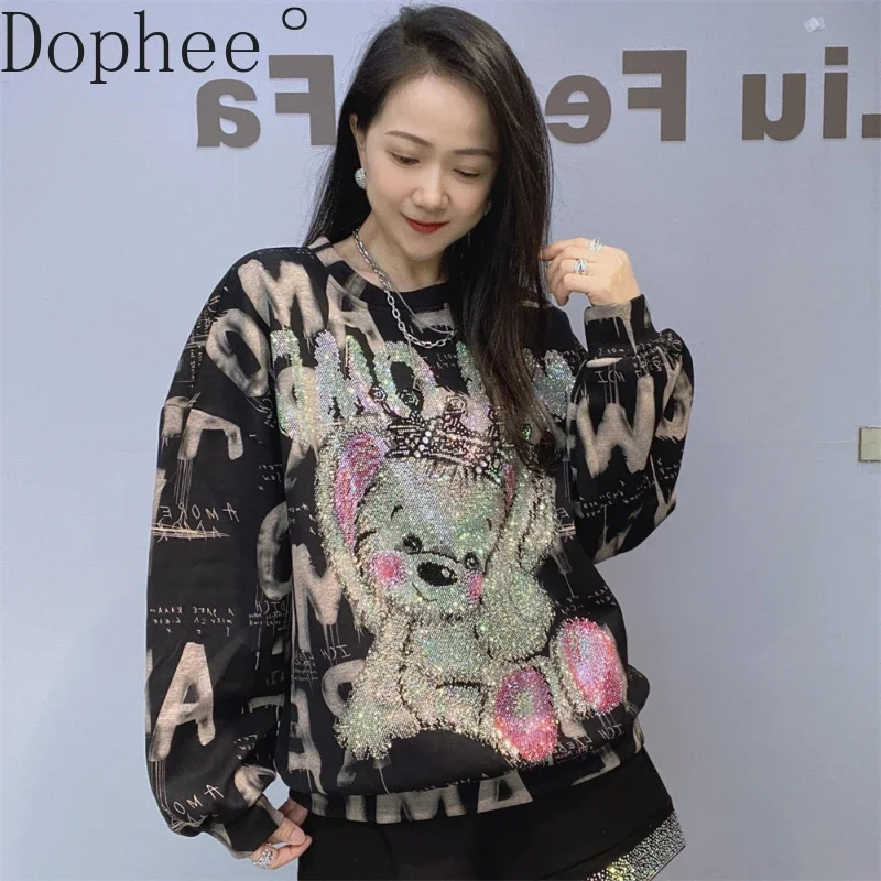 Cute Bear Hot Drilling Loose O-neck Pullover Top 2024 New Autumn Winter Tie-dye Women Sweatshirt All-match Long Sleeve Hoodies