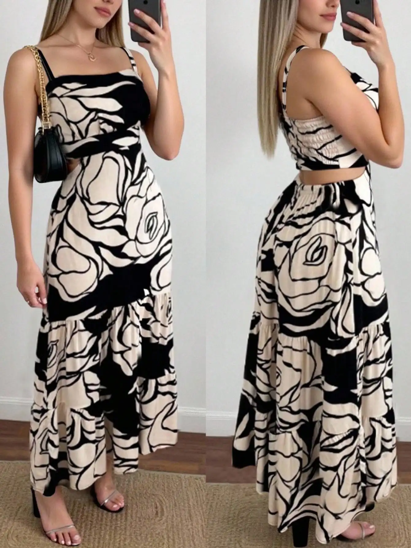 

Women's Black & Cream Floral Print Spaghetti Strap Maxi Dress, Summer Vacation Style