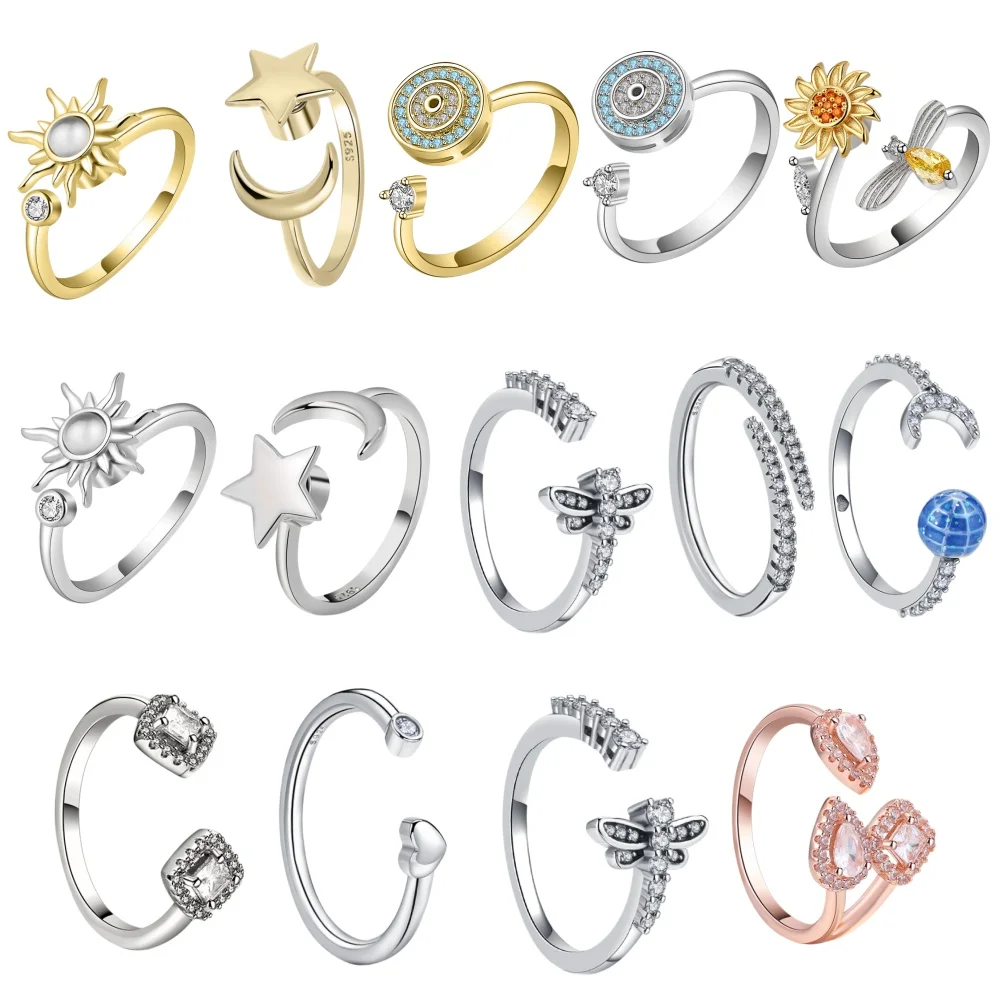Women's Spinner Ring Luxury Four Clover Flower Rings For Man Gold Color Anti-stress Anxiety Fidget Ring 925 Silver Jewelry Gift