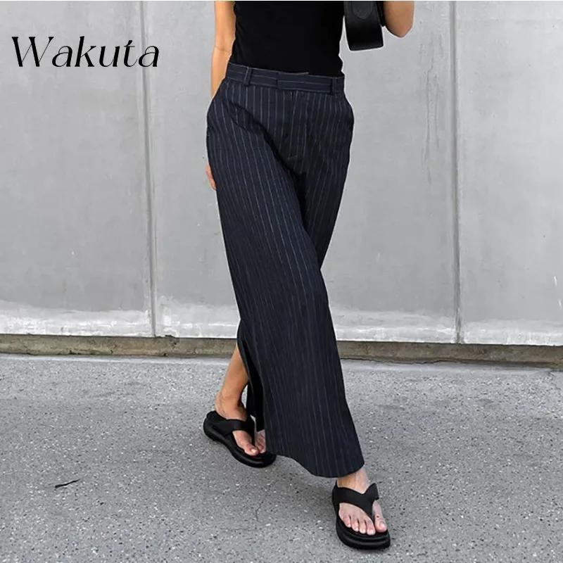 WAKUTA American Retro Slim High-waisted Striped Bustier Skirt Fall Fashion Classic Split Straight Bustier Long Skirt 니트 스커트