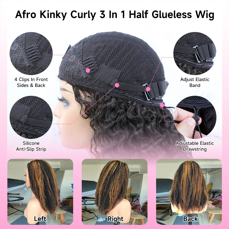 250 Dichte Afro Kinky Curly Halbperücke, doppelt gezogen, klebefrei, Echthaar, Remy Highlight Vietnamesische Echthaarperücke – Detail 5