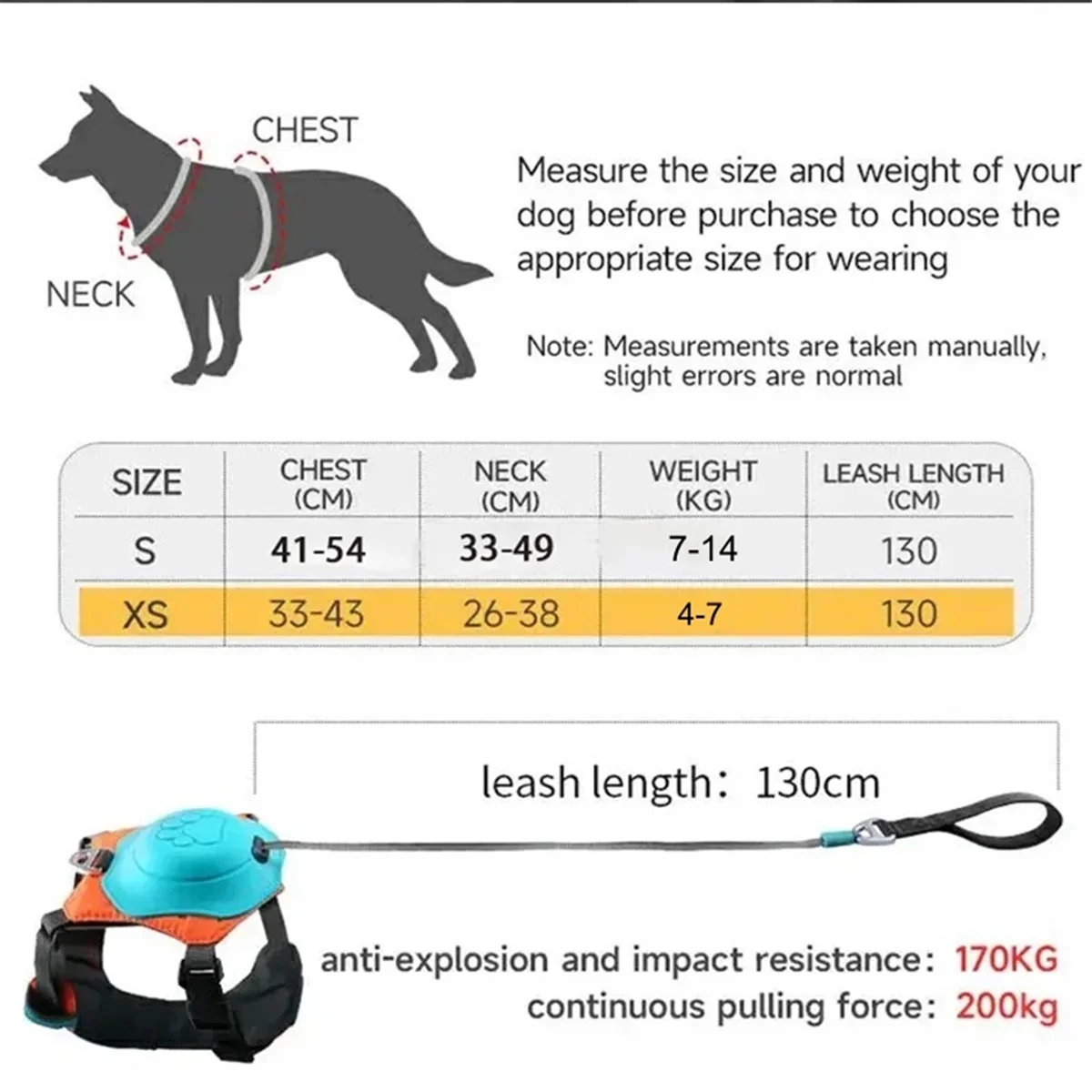 Pettorina per cani 2 In 1 senza trazione con guinzaglio retrattile, funzione di impatto automatico Anti scoppio, gilet per cani traspirante regolabile, S