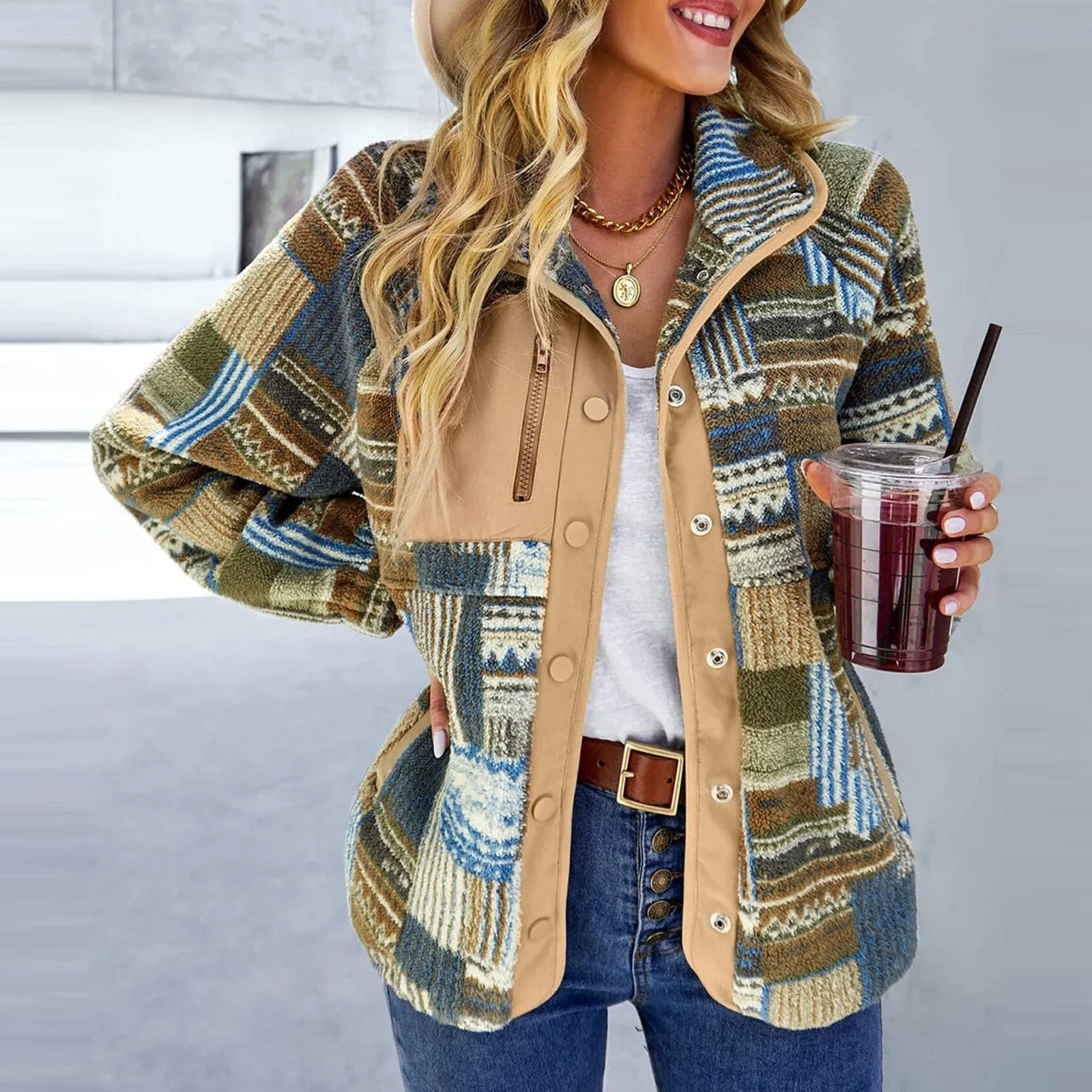 Vintage Coat Women's Fuzzy Western Aztec Print Jackets Long Sleeve Snap Button Short Jacket With Pockets Fleece Jackets Ladies