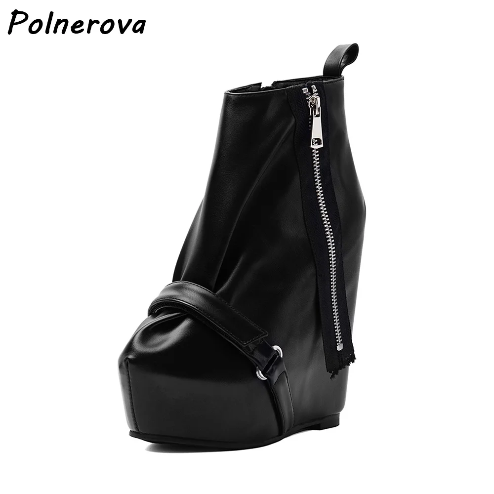 Gothic Platform Wedge Ankle Boots Round Toe Single Strap Buckle Side Zipper Fold Shoes Punk Fashion High Platform Short Boots