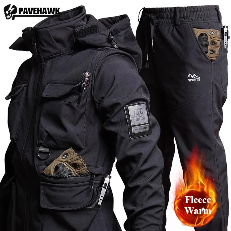 Fleece Mens Training Sets Winter Thicken Windproof Hooded Tactical Jacket+Wear-resistant Cargo Pants 2-piece Warm Combat Suit