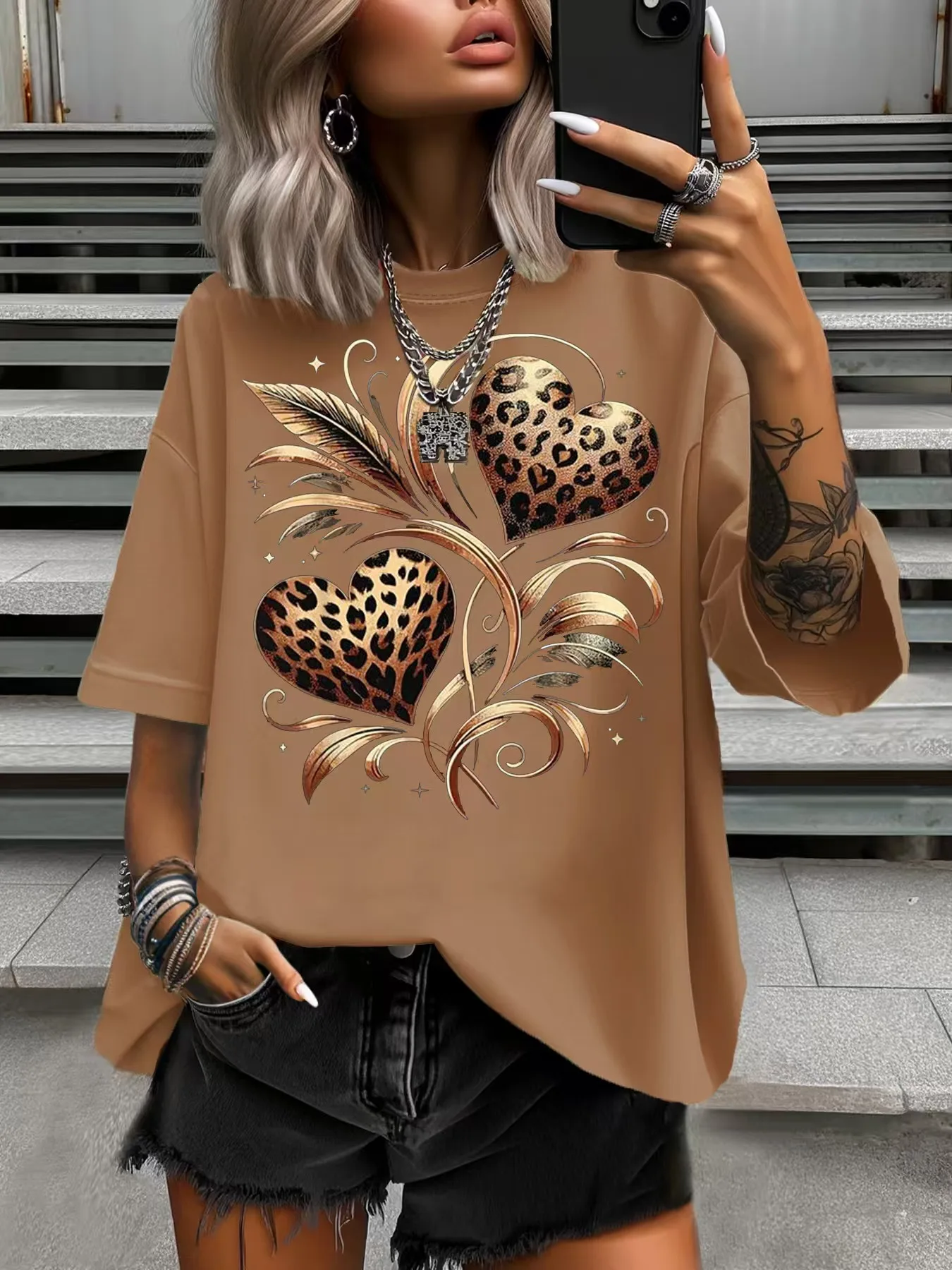 

Summer Women's Plus Size T-Shirt Original Design Fashion Leopard Printed Love Heart Women's Casual Round Neck Short Sleeved Tops