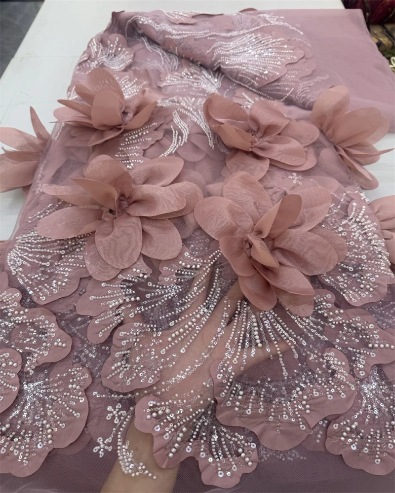 French Net Lace Fabric with Beads Sequins African 3D Flowers Tulle Mesh for Women Wedding Party Dress Sewing