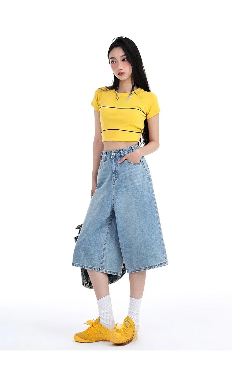 

Женские широкие короткие джинсы American High Street. Новые летние модные и универсальные удобные свободные джинсы семи дюймов.