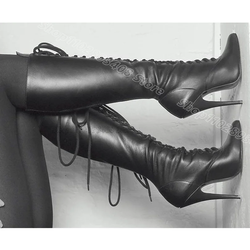 

Black Lace up Stiletto Knee Boots Pointed Toe British Style Design for Women Spring Casual Party Boots 2025 Zapatos Para Mujere