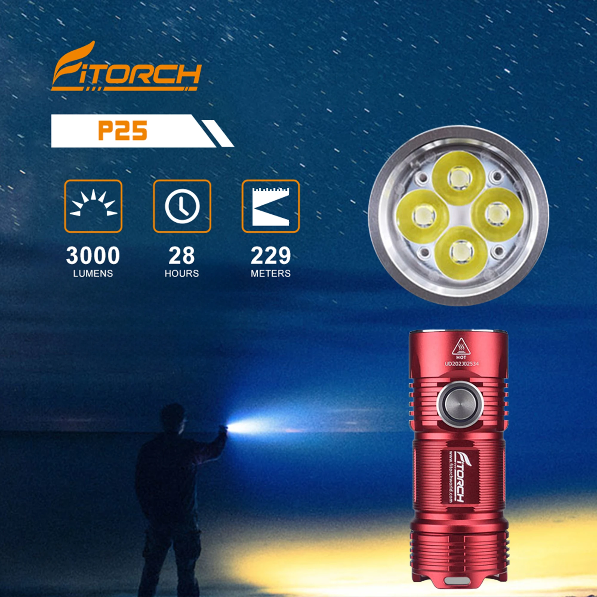 Fitorch P25 LED Flashlight, 3000 Lumens, USB Rechargeable, 4 LEDs, 26350 Li-ion Battery, Red, for Camping