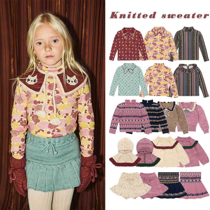 

Детский свитер 2022, осенне-зимняя детская одежда, комплект из полого вязаного топа и платья в стиле ретро для девочек с накидкой с капюшоном