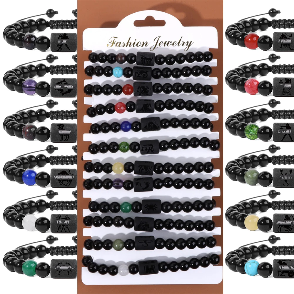 

Wholesale 12Pcs/Set Constellation Bracelets Natural Stone Onyx Agates Beaded Bracelet Handmade Woven Bracelets for Women Men