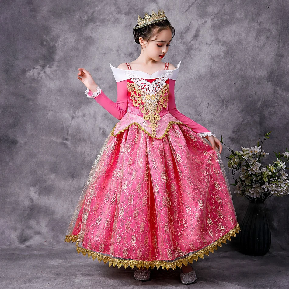 Rosa aurora vestido cosplay para meninas, vestido de princesa, manga longa, fora do ombro, para o dia das bruxas, presente de natal, festa