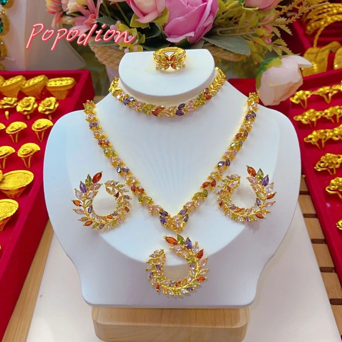 

Popodion New Dubai 24K Gold Plating Jewelry Necklace Earrings Bracelet Women's Ring Bridal Wedding Jewelry Set Of Four YY10319