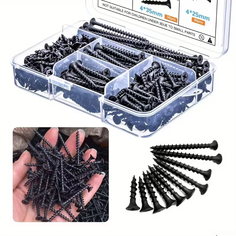 330-Piece Phillips Drive Self-Tapping Screw Set, Carbon Steel Flat Head Self-Tapping Screws, Black Wood Screws Suitable for Woodworking and Home DIY Projects, 5 Sizes (16-60mm)