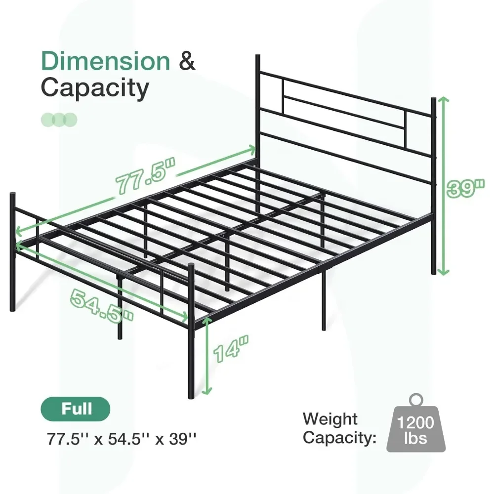 Full Size Bedframe Met Hoofdeinde En Treeplank, 14 Inch Metalen Platform Bedframe, Onder Bedopslag