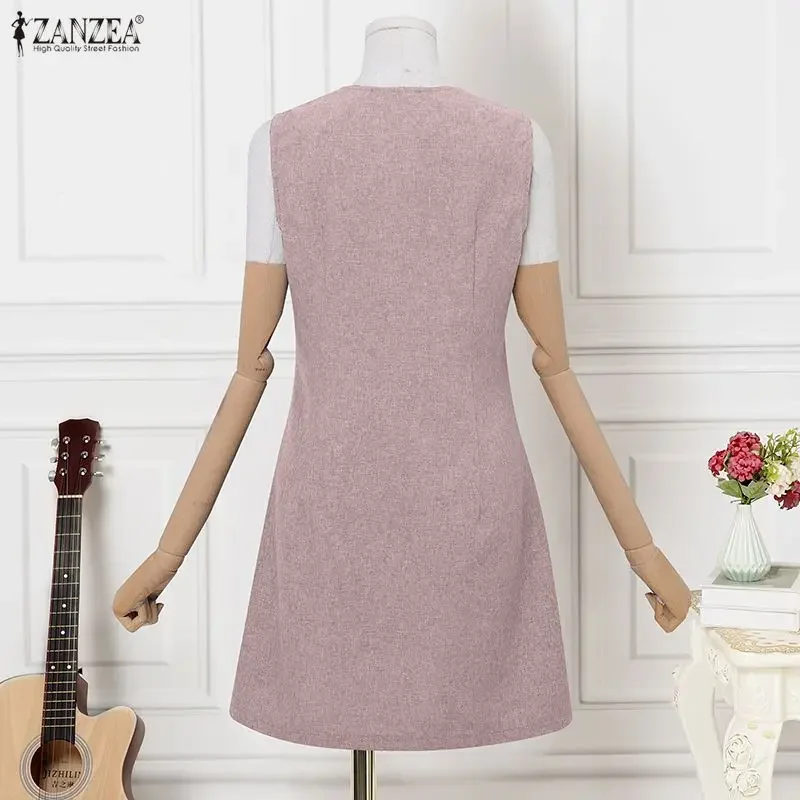 

Модные женские сексуальные мини-платья ZANZEA, летний сарафан 2026, без рукавов, однотонные, короткие платья с пуговицами, элегантный офисный наряд