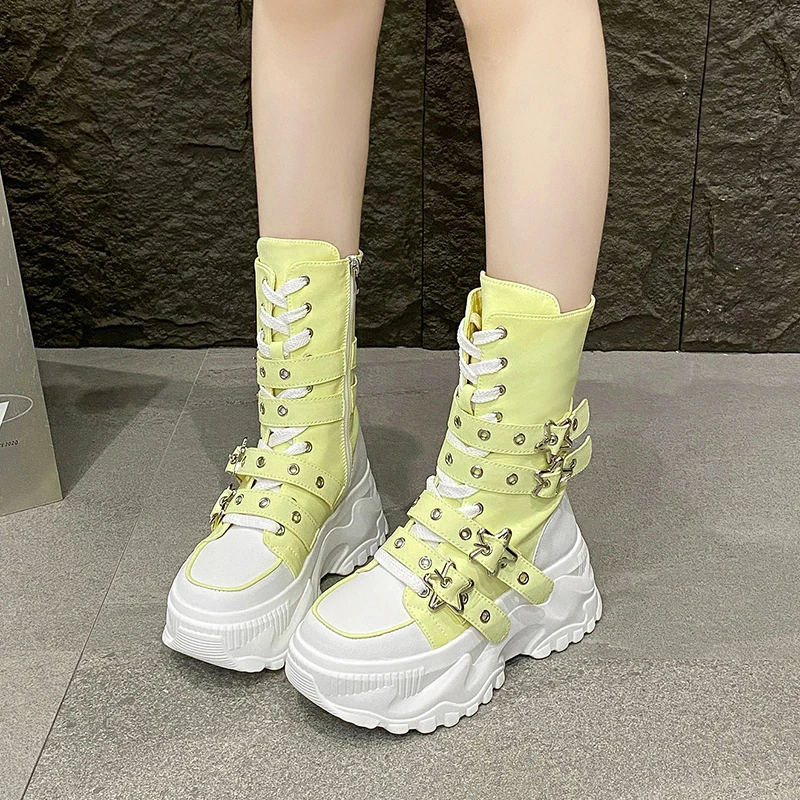 Damen-Plateaustiefel, neue Lokomotivstiefel mit rundem Kopf und Gürtelschnalle, europäische und amerikanische Stiefel mit dicken Sohlen für Damen, Botas Mujer – Detail 11