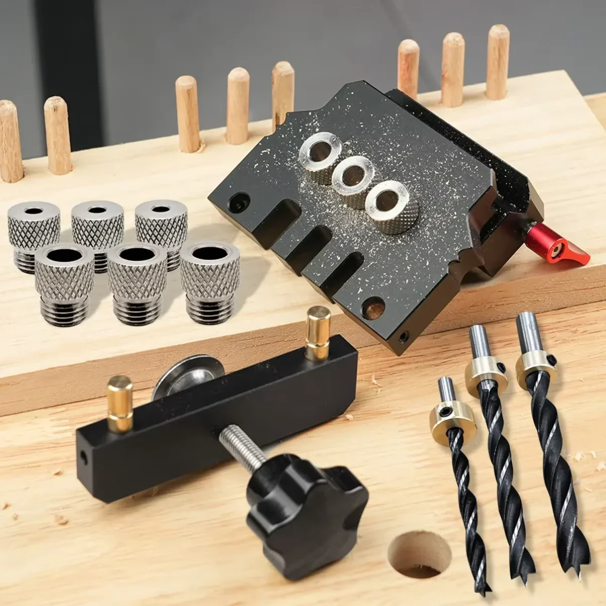 

3-in-1 Self Centering Doweling Jig Kit, Drill Guides Locator for Straight Holes Biscuit Joiner, Multifunctional Adjustable Woodw