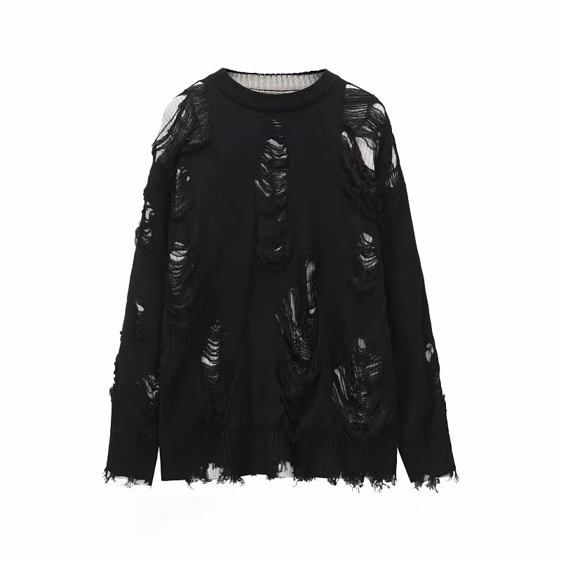 2025 Spring and Autumn New Men's Dark Style Design Matching Necklace Black Red Sweater Distressed Hollow Gray Casual Sweater