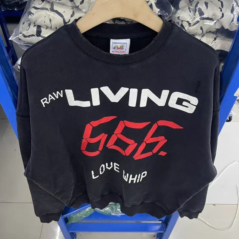 Streetwear Latest SAINT 25SS Letter 666 Print Washed Long Sleeve Round Neck Retro Men's Women's Black Sweatshirt