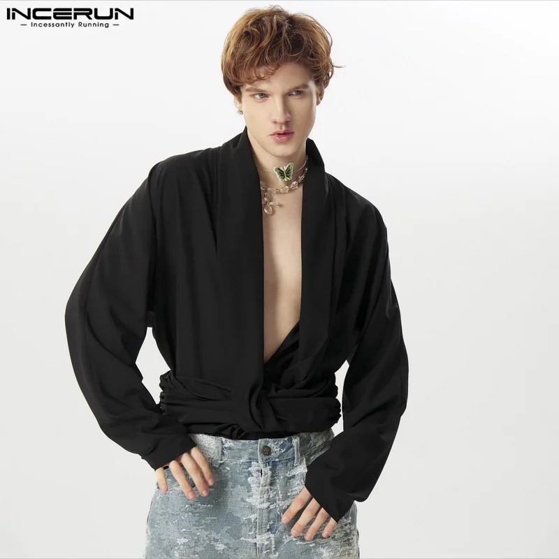 

INCERUN Tops 2024 American Style Handsome New Men Sexy V-neck Design Shirts Casual Fashion Waist Solid Long Sleeved Blouse S-5XL