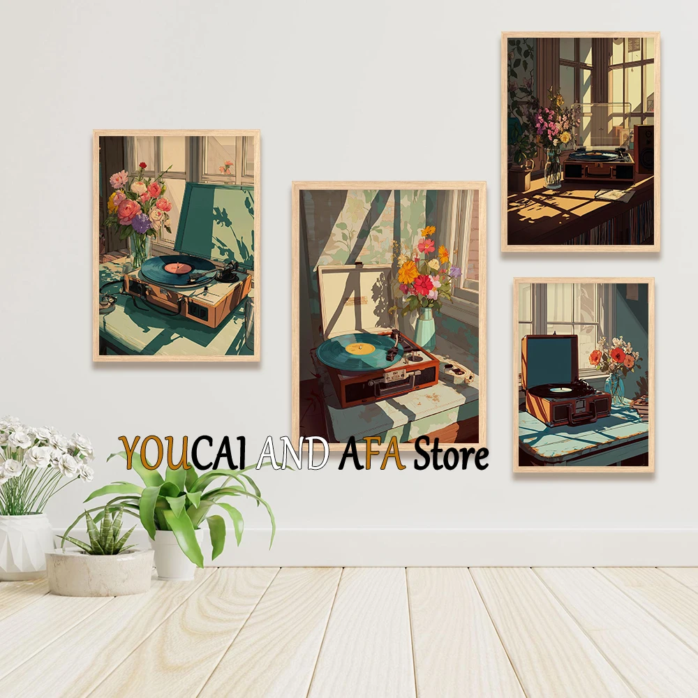 Vintage Record Player Art Retro Turntable Illustration Record Player on Table Music Room Poster Canvas Painting Wall Art Decor