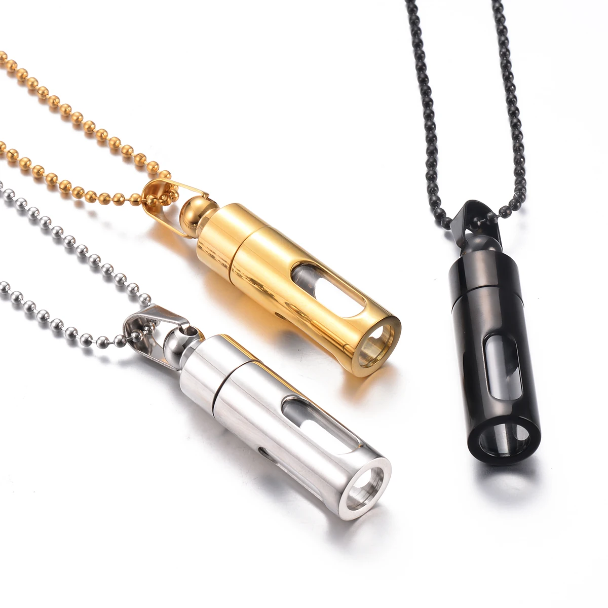 Unisex Stainless Steel Glass Inside Cylinder Urn Pendant Necklace for Ashes Memorial Keepsake Cremation Jewelry with Filling Set