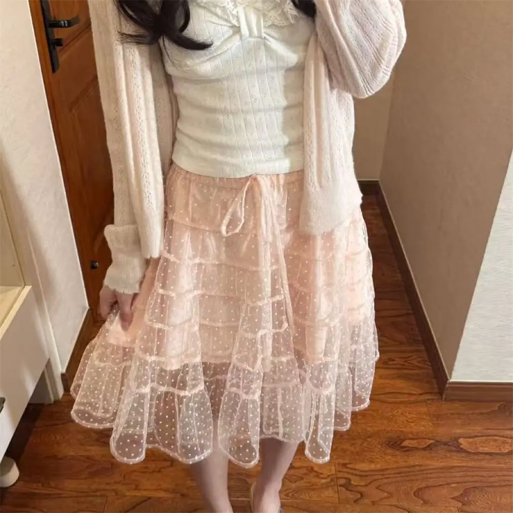 French Style Sweet Lace Trimmed Camisole + Pink Long-sleeve Knit Cardigan + High Waist Tulle Midi Skirt Set Elegant Clothes 2026 view 2