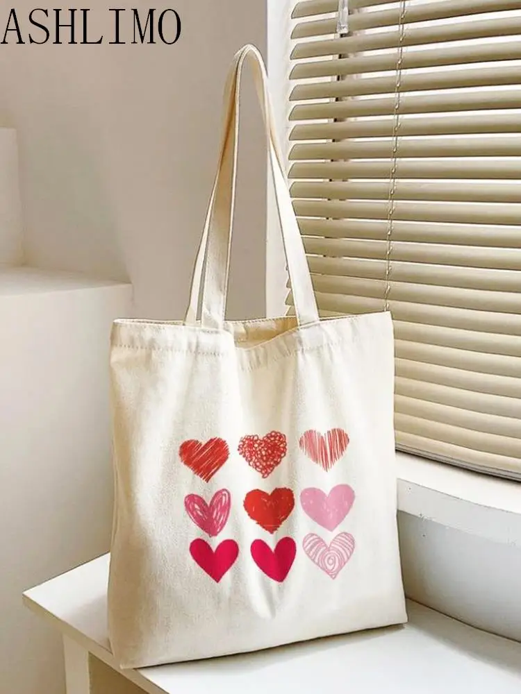 Women Shopper Bag Love Print Lady Totes Shoulder Bag Harajuku Bag Large Capacity Shopping Canvas Bag Girl Handbag Tote Bag