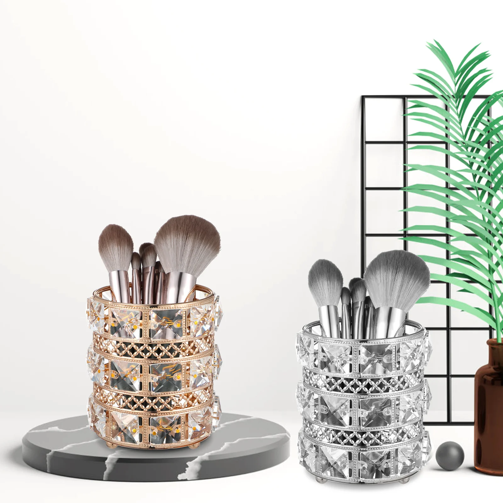 

2Pcs Crystal Makeup Brush Holder Organizer Multifunctional Desktop Pen Container Makeup Brush Storage Pen Organizer