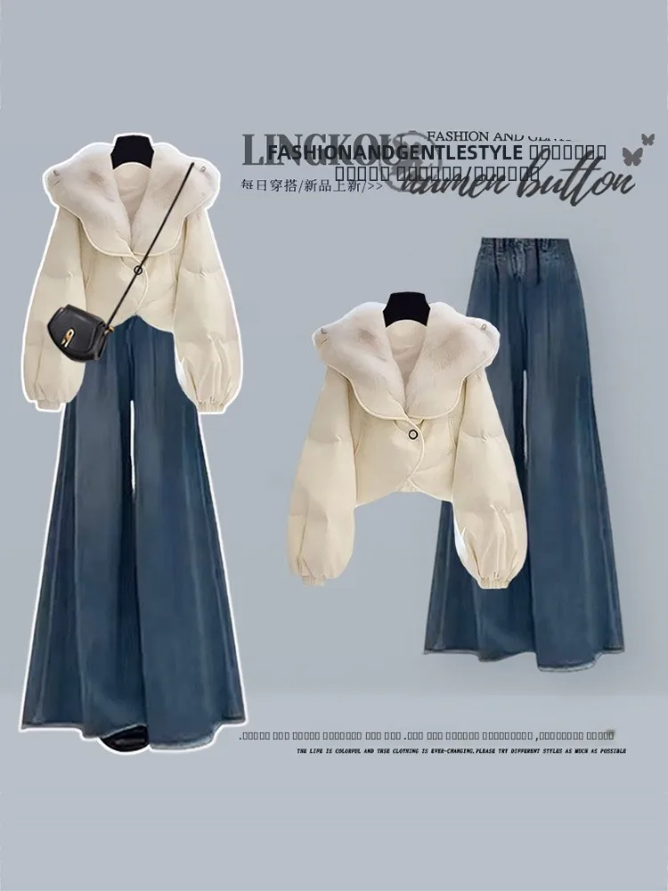 

Зимний комплект Sli: женское корейское хлопковое пальто с меховым воротником и широкие джинсы с высокой талией, комплект из двух предметов