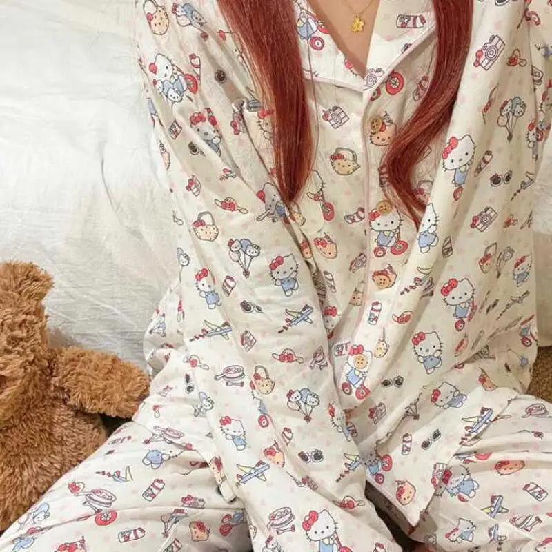 

Anime Female Hello Kitty Women Pajamas Suit Kawaii Kuromi Cinnamoroll Autumn Cotton Homewear Girl Cartoon Nightgown Tops Pants