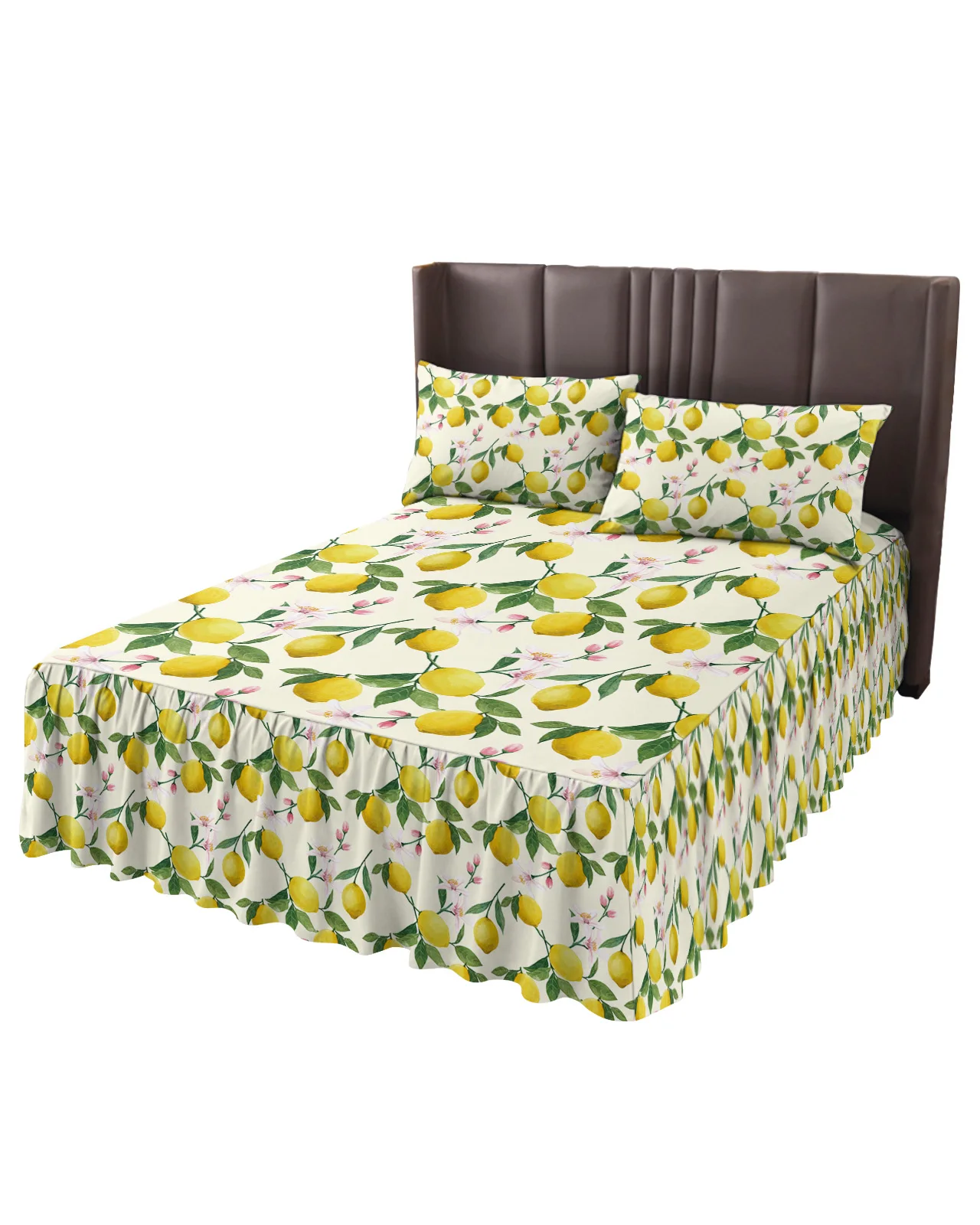 Summer Lemon Fruit Flower Bed Skirt Elastic Fitted Bedspread With Pillowcases Bed Protector Mattress Cover Bedding Set Bed Sheet