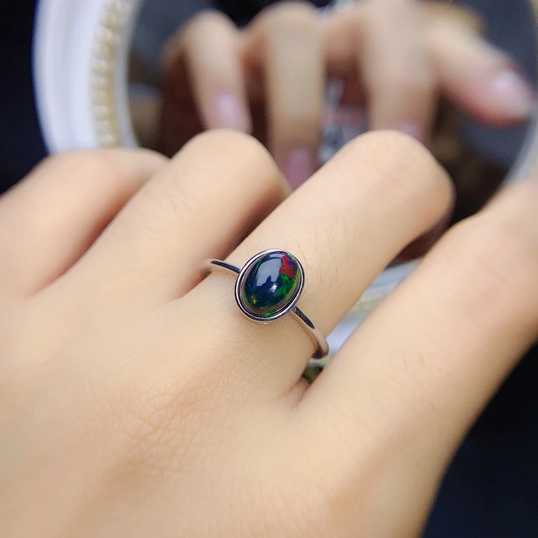 Black Opal Solitaire Ring In Sterling Silver Vintage Unique Engagement Ring Women Wedding Bridal Art Deco Anniversary