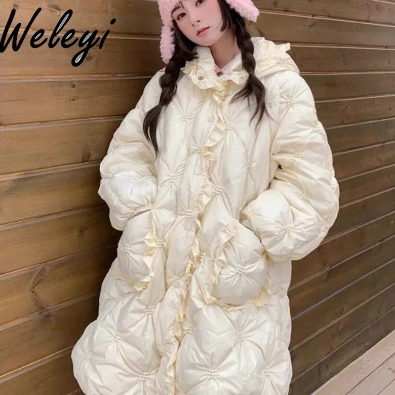 Lolita Fungus Lace Off-white Hooded Midi Down Jacket Woman 2024 New Sweet Warm Women's Winter Mid-length Puffer Coat Feminino