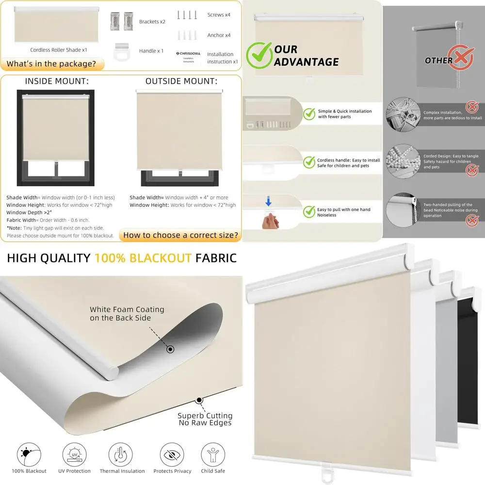 

Бежевые 31x72 беспроводные термоизолированные затемняющие шторы для окон дома и офиса