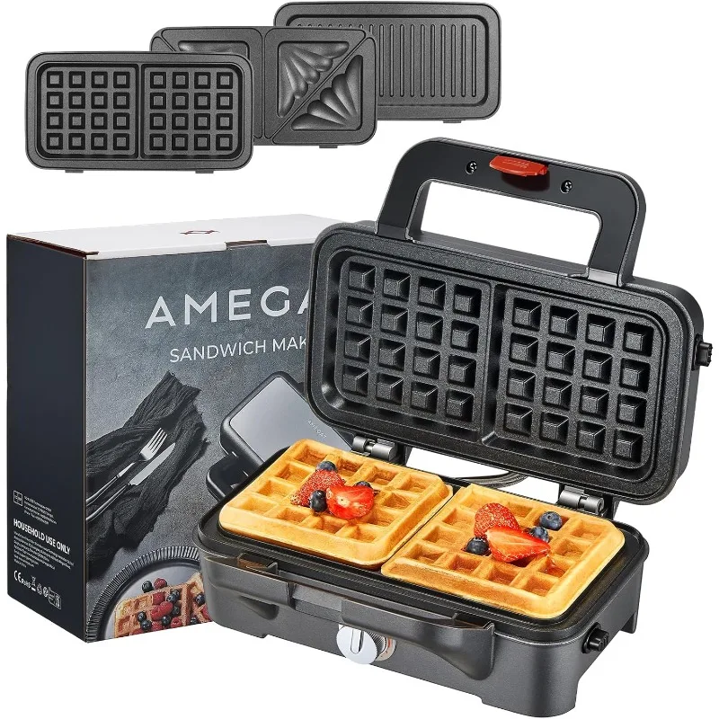 Sandwich Maker com placas removíveis, Panini Press, Waffle Iron Set, controle de temperatura, 3 em 1, 5 engrenagens